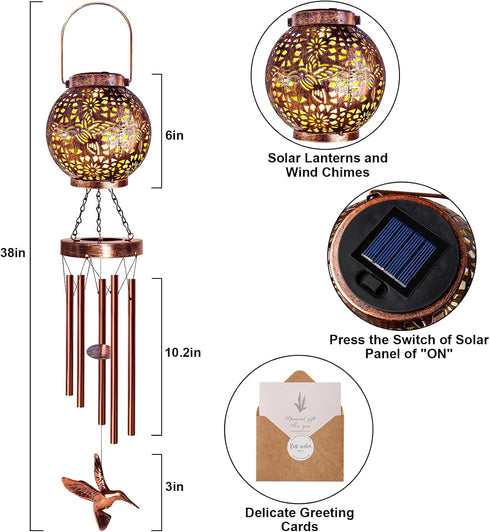 Wind Chimes for Outside, 38" Hummingbird Solar Wind Chimes Outdoor Gifts for Mom, Garden Decor