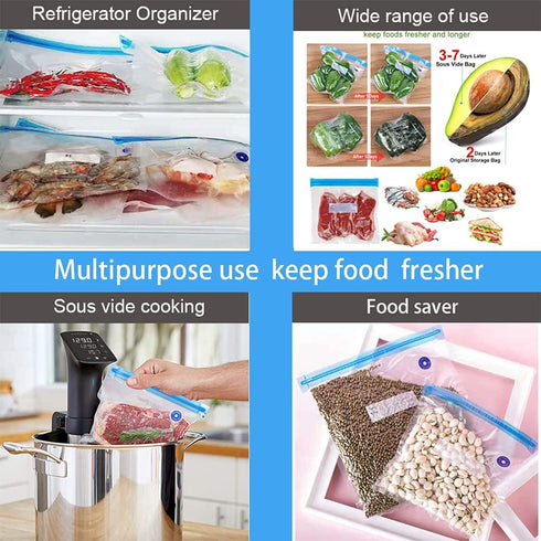 Sous Vide Bags Reusable 27Pcs, BPA Free Vacuum Sealer Bags for Food Storage - 20Pcs Zipper Bags & 2 Seal Clips