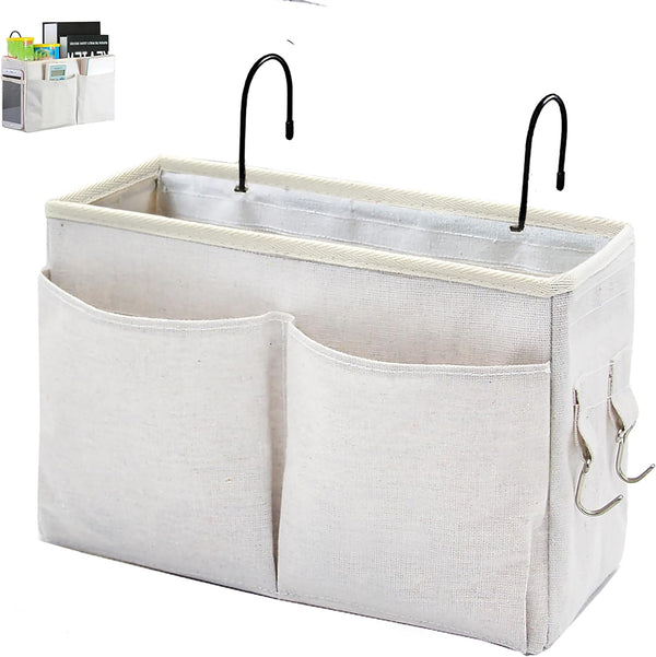 Bedside Caddy Organizer, Multi-Function Hanging Storage Bag for Bunk Bed & Dorm Bed Rails, White
