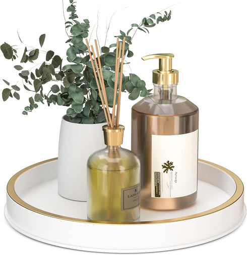 HGF Bathroom Vanity Tray, 10 Inch Lightweight Metal Round Decorative Tray for Kitchen Counter, White Brushed Gold
