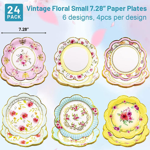 Fancy Land Floral Paper Plates - 7.28 Inches Vintage Small Party Plate, 24 Count for Celebrations