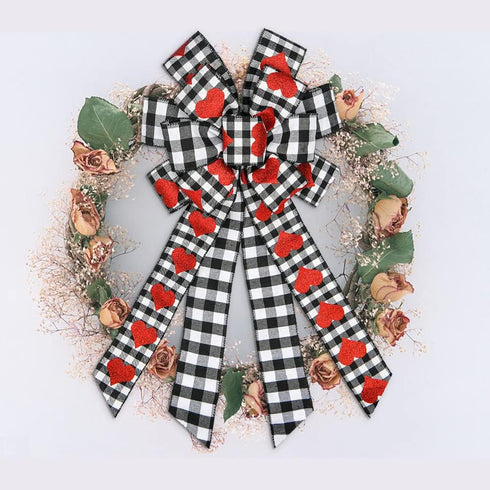 Hying Large Valentine's Day Bows for Wreath, Black White Buffalo Plaid Bows with Glitter Red Hearts for Decorations