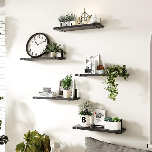 4.7 Inches (Set 5 Fixwal Wall Shelves, Width Black Floating Shelves for Wall, Rustic Wood Wall Storage Shelves