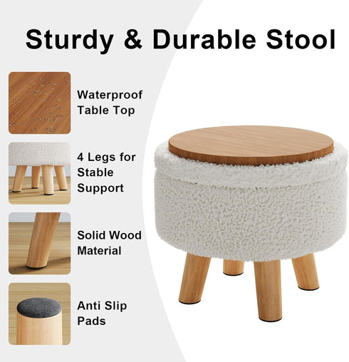 WBKATN Small Ottoman Footrest, White Boucle Foot Stool, Round Pouf Ottoman with Storage, Teddy Velvet Foot Rest