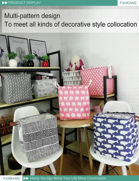 FANKANG Square Nursery Hamper Storage Bins - Foldable Canvas Laundry Basket with Waterproof Coating