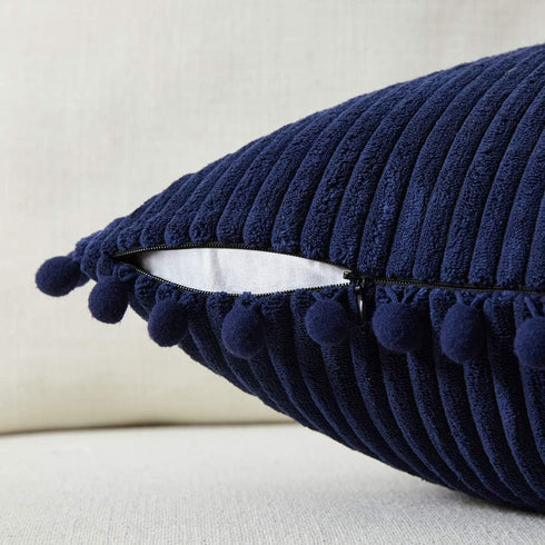 Fancy Homi Pack of 2 Decorative Throw Pillow Covers, Navy Blue Corduroy with Pom-poms, 18x18 Inch Cushion Case Set