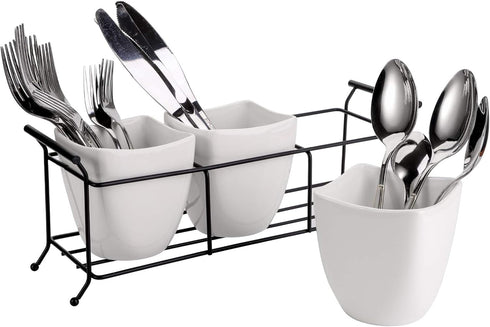 Bekith 3-Piece Ceramic Flatware Caddy with Metal Rack, Utensil Holder Silverware Caddy Cutlery Organizer, White