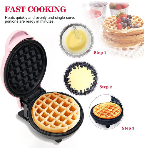 Mini Maker Waffle Maker 5“ Non-Stick Waffler Iron, Adjustable Browning Control, Heart Shape (Pink)