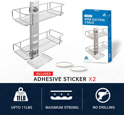 BATHBEYOND Shower Caddy Suction Cup Tier Shower Shelf - Adjustable 3 Tier Caddy with Extra Adhesive Sticker
