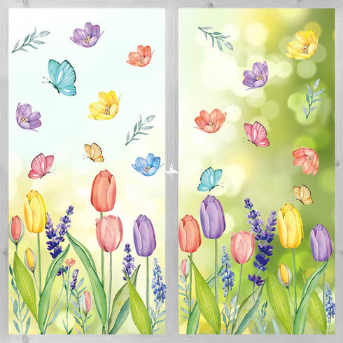 Horaldaily 67 PCS Spring Summer Window Cling Sticker, Tulip Butterfly Flower Decal for Home Party Decoration
