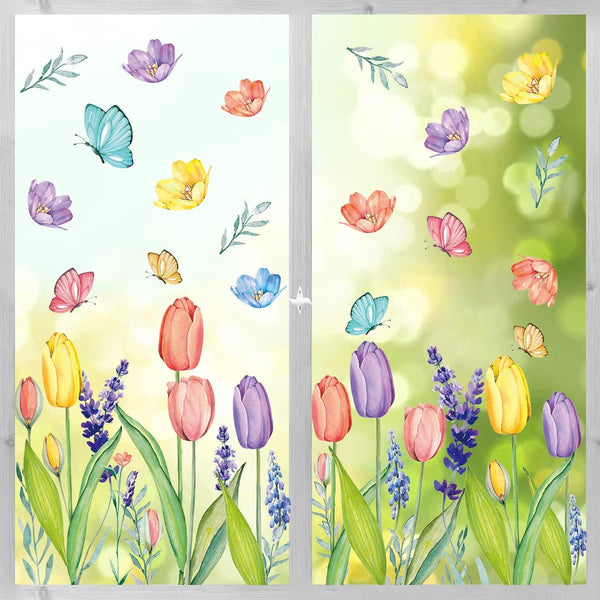Horaldaily 67 PCS Spring Summer Window Cling Sticker, Tulip Butterfly Flower Decal for Home Party Decoration