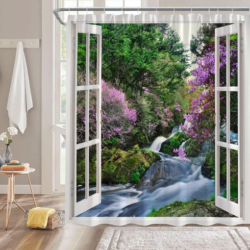 Waterfall Shower Curtain Nature Green Forest Pink Purple Floral Waterfall Landscape from White Window Bathroom Decor Fabric Curtain with Hooks, 8887AL by AMHNF