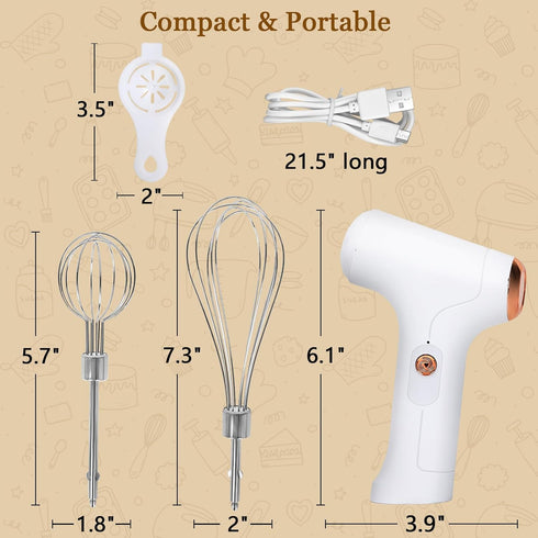 Cordless Hand Mixer, Handheld Electric Whisk with 3 Speed Modes, 2 Detachable Stir Whisks (White)