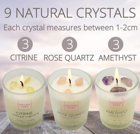 Soy Candles with Healing Crystals, 3PC Scented Candle Set, Eucalyptus + Lemongrass, Jasmine + Sandalwood, 2.47oz Each