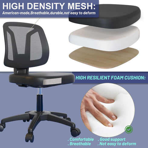 KIZECK Armless Office Desk Chair No Arms with Back Support Rolling Wheels for Home Study Work