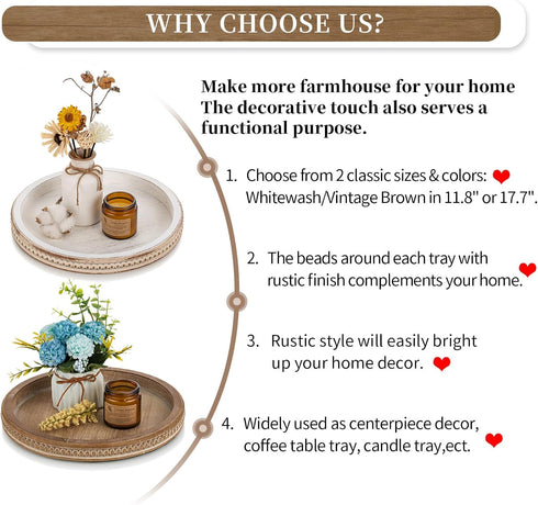 Counter Hanobe Round Wooden Decorative Tray: White Washed Bead Tray Decor for Coffee Table Centerpiece Rustic Farmhouse