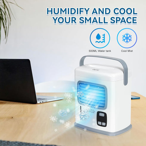 CAYNEL Portable Air Conditioner | 2 Speeds, 5W USB | Water Tank, 1~12h Timer | Adjustable Air Outlet for Desktop &