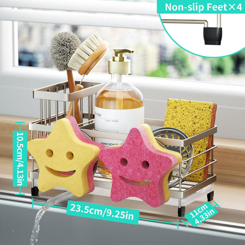 Countertop HapiRm Sink Caddy Sponge Holder - Self-draining Kitchen Sink Organizer with Smiley Face and Brush Holder