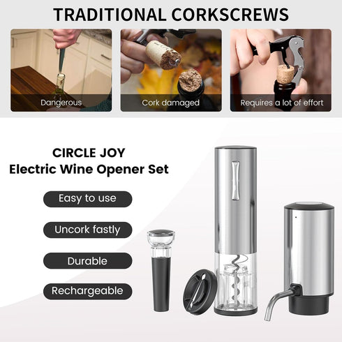 CIRCLE JOY Electric Wine Opener Set, 4-in-1 Rechargeable Wine Set, Gift Set for Wine Lovers, Silver