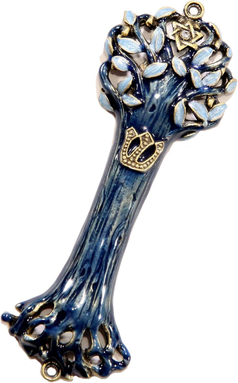 Bless This House Mezuzah Case, Wooden Texture Design with David Star, Blue Indigo Color for Jewish Homes