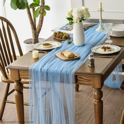 120 Inch 10FT, Artoid Mode Dusty Blue Gauze Table Runner Seasonal Sheer Kitchen Dining Holiday Wedding Birthday Baby