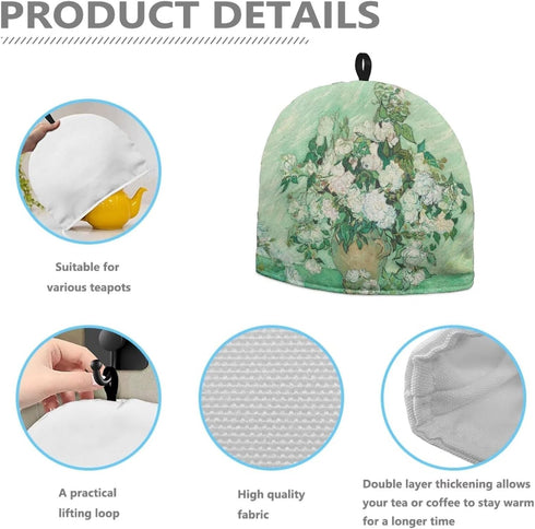 Van Gogh White Rose Tea Cozy: Large Insulated Tea Cosy, Portable Kettle Dust Cover, Easy to Clean for Tea Party