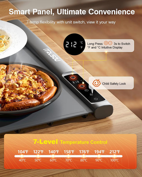 25.2x16" 7 Settings, 99H iTRUSOU Food Warming Mat Extendable Roll-Up Electric Warming Tray with Temp Timer