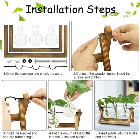 3 Bulb Kingbuy Desktop Glass Planter Iron and Wooden Stand Plant Terrariums for Indoor Office Desk Decor Accessories