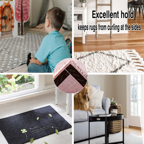 Rug Tape 8 Pcs Non Slip Carpet Gripper for Hardwood Floors, Washable Black Rug Stoppers to Prevent Sliding