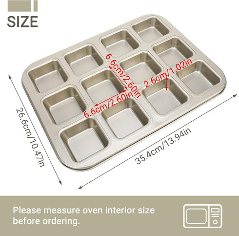 Beasea Brownie Pan with Dividers, 1 Set Gold All Edges Square Cupcake Brownie Pans 12 Cavity Non Stick Baking Mold