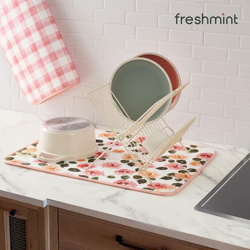 FRESHMINT Printed Dish Drying Mats for Kitchen Counter - 2 Pack Absorbent Reversible Drying Pads, Extra Large 18"x24"