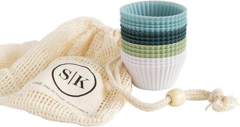 The Silicone Kitchen Reusable Silicone Baking Cup, Muffin Liners for Cupcakes, BPA Free, 12 Pack, White Blue Green