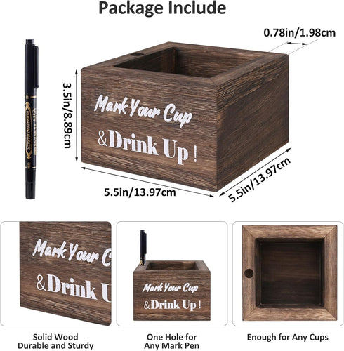 Wooden Cup Holder, Rustic Party Cup Holder with Marker Slot for Bar, Kitchen, Countertop, Home & Office