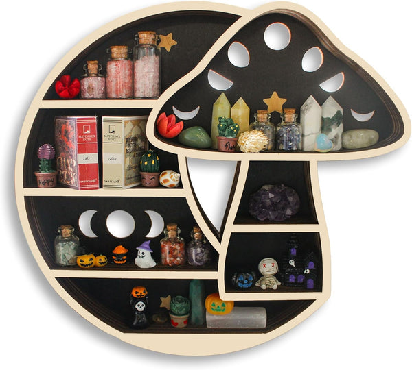 Cute Mushroom Decor, Wooden Mushroom Floating Shelves for Wall, Moon Shelf Wall
