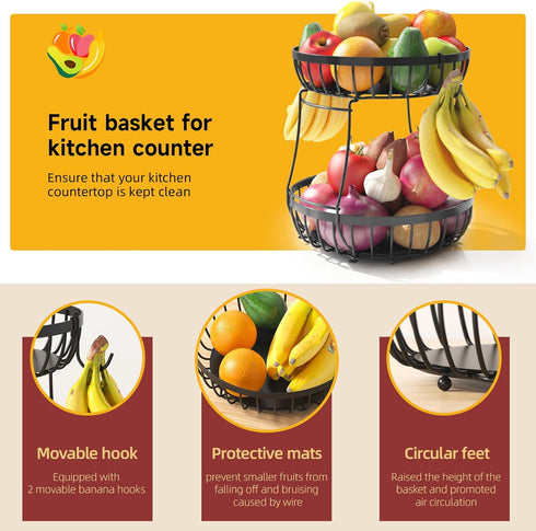 2 Counter 2 Counter Sevenblue Tier Large Fruit Basket for Kitchen with Banana Hangers, Metal Stackable Fruit Bowl