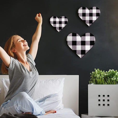 Jetec 3 Pcs Heart Shaped Wood Sign, Gray Purple Buffalo Plaid Decor, Wooden Heart Wall Sign, Rustic Hanging Love Plaque