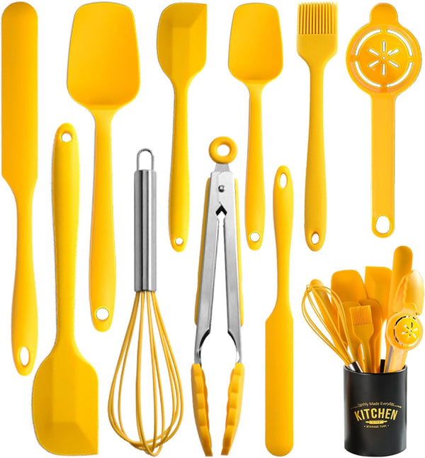 Silicone Spatula Set of 11 Kitchen Utensils with Iron Holder for Baking, Cooking, and Mixing, Dishwasher Safe, Yellow