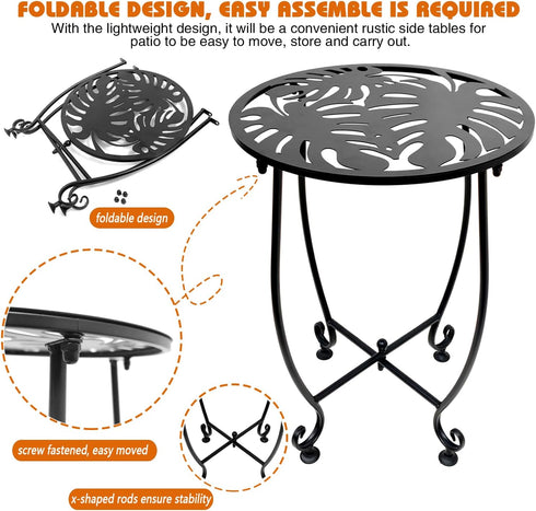 Plant Castle 14 Inch Outdoor Side Table for Small Spaces, Versatile Round Metal End Table for Patio Balcony Yard Porch