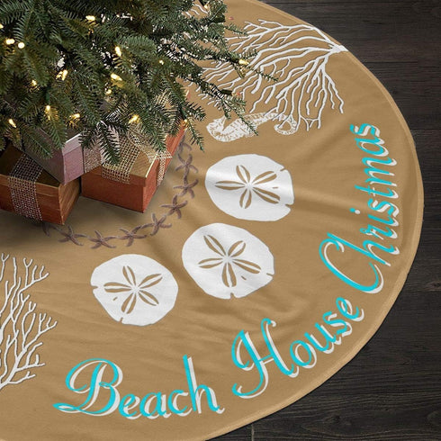 NGFF Beach Coral Christmas Tree Skirt with Cute Santa and Snowman Dolls Design, Gorgeous Xmas Decoration