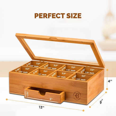 8 Set Bambuesi Tea Box Organizer with Drawer - Compartment Bamboo Wooden Tea Storage Chest with Acrylic Window