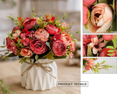 Silk Rose Bouquets Artificial Flowers Fake Flowers with Ceramics Vase for Home Office Wedding Table Decoration (Red Bud)