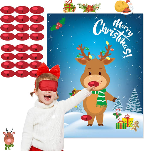 Funnlot Christmas Games for Kids, Pin The Nose on The Reindeer, Holiday Party Game with 24 Noses Stickers & Blindfold