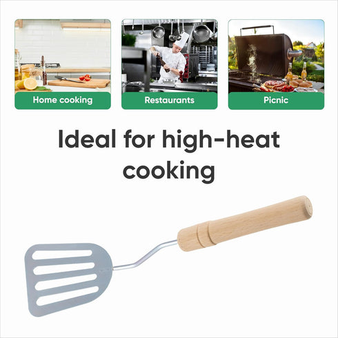 Stainless Steel Slotted Spatula - Kitchen Metal Turner with Wooden Handle for Cooking