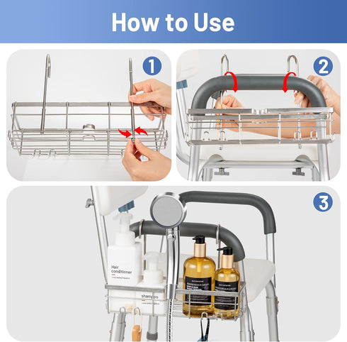 YUOROS 304 Stainless Steel Shower Caddy Hanging Organizer Rack for Shower Chair Bench for Seniors, Disabled