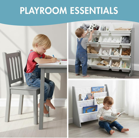 4-Tier Humble Crew Kids Bookshelf, Grey Wood/White - Premium Book Shelf for Kids Rooms with Four Deep Pockets - Toddler