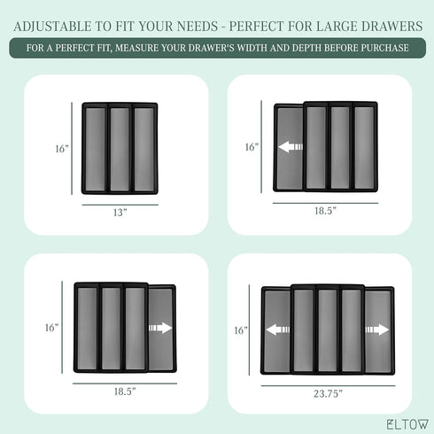 ELTOW Expandable Utensil Drawer Organizer, 5 Compartment Non-Slip & Adjustable Large Tray for Kitchen Drawers, Black