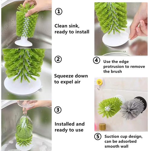2PCS Glass Cleaning Brush with Suction Cup, Stable Kitchen Bottle and Wine Cup Cleaner, Gray