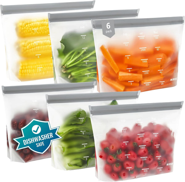 Dishwasher Safe Reusable Storage Bags, BPA Free PEVE Stand Up Sandwich Bags, Multicolor (6 Gallon)