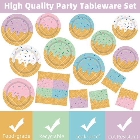 UROINEPA 100Pcs Ice Cream Party Decorations Ice Cream Plates and Napkins for Kids Girls Baby Shower Ice Cream Birthday
