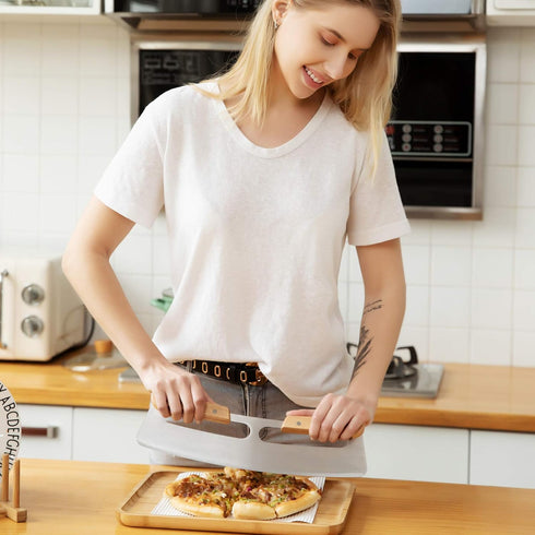 Pizza Cutter Rocker with Wooden Handles & Protective Cover by Zocy, 14" Sharp Stainless Steel Slicer